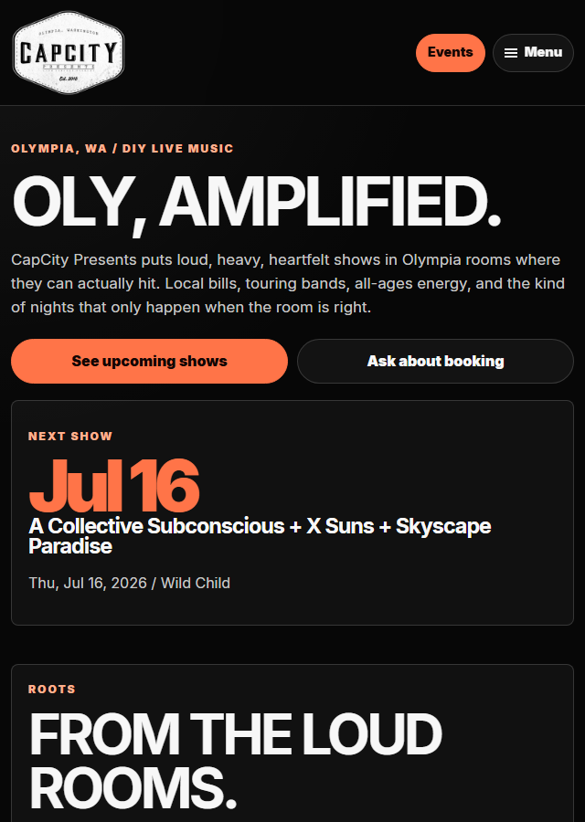 CapCity Presents homepage featuring Olympia live music and upcoming shows
