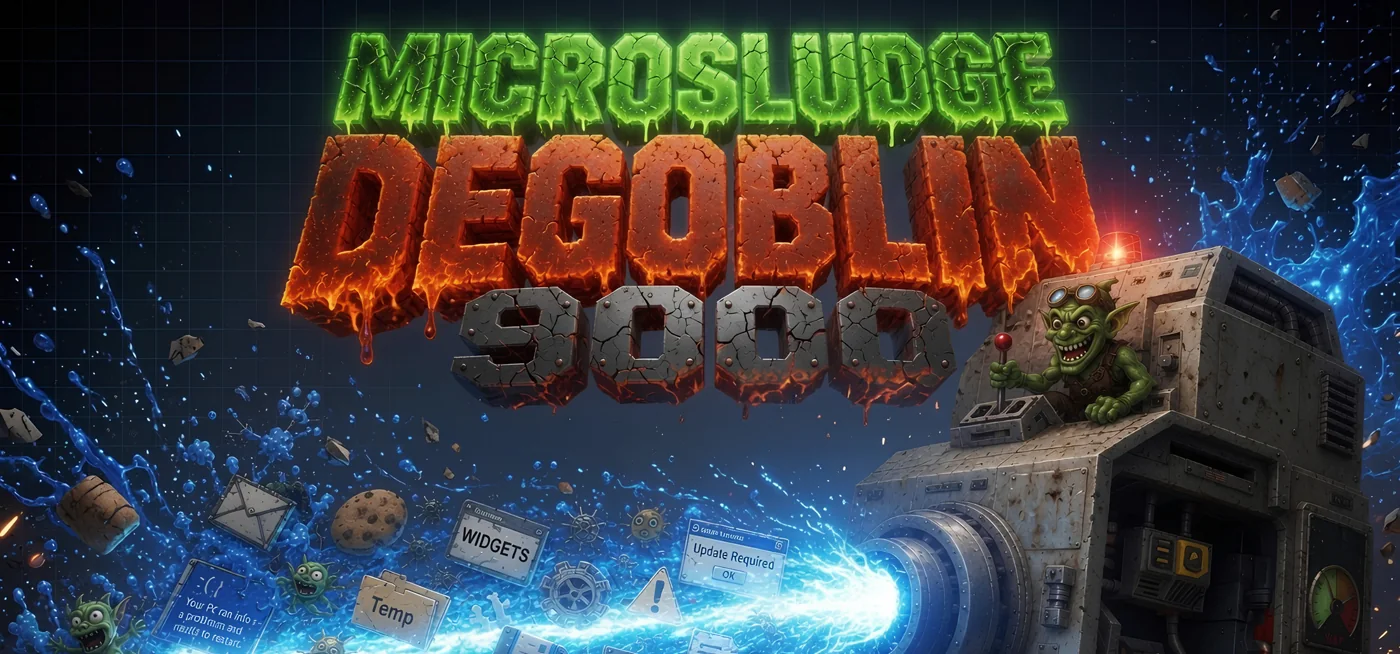 Microsludge Degoblin 9000 artwork with a goblin operating a machine that blasts away Windows sludge