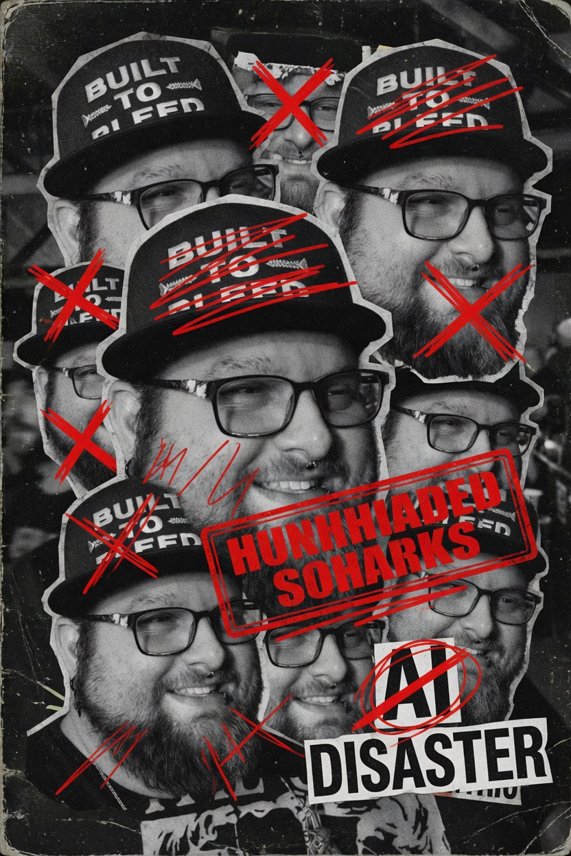 A red and black AI-generated zine collage repeating Joey's face with mangled lettering
