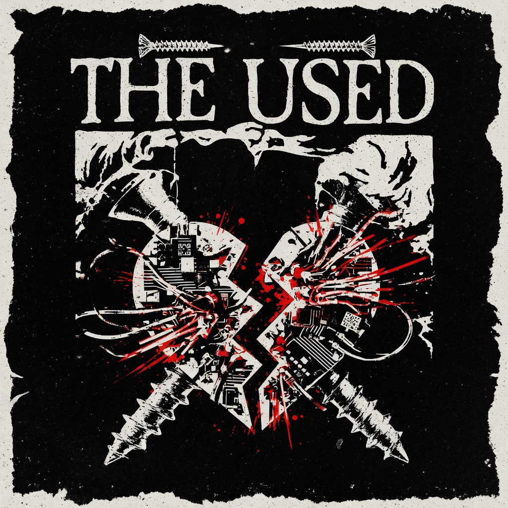 A black and red punk poster with skeleton hands, a broken heart, and the words THE USED