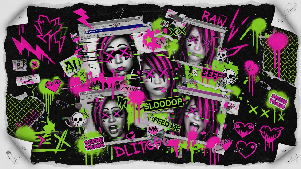 A dense neon scene-kid collage filled with browser windows, graffiti, and decorative clutter