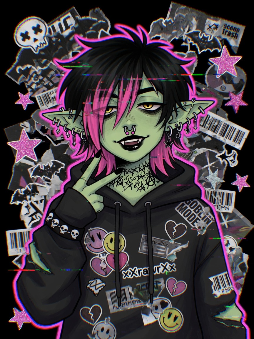 A generated green anime-style scene character in a black hoodie